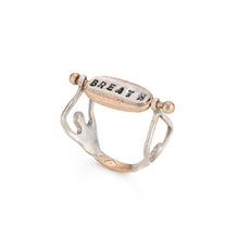 Load image into Gallery viewer, One-of-a-Kind Gold and Silver Ring with Spinning Rubies and Yoga Figures