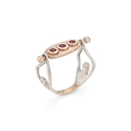 One-of-a-Kind Gold and Silver Ring with Spinning Rubies and Yoga Figures